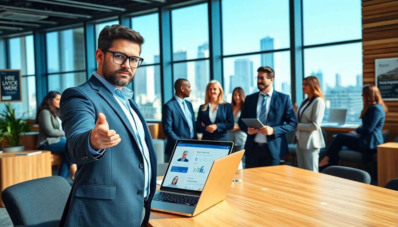 Headhunter Schweiz berät Klienten in einem modernen Büro, mit einem Laptop und Stadtblick im Hintergrund.