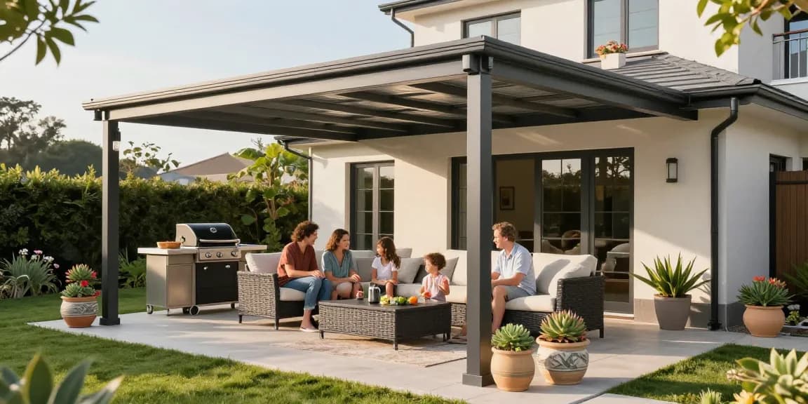 Schöne Terrassenüberdachungen auf einer modernen Terrasse mit Gartenmöbeln und Pflanzen.