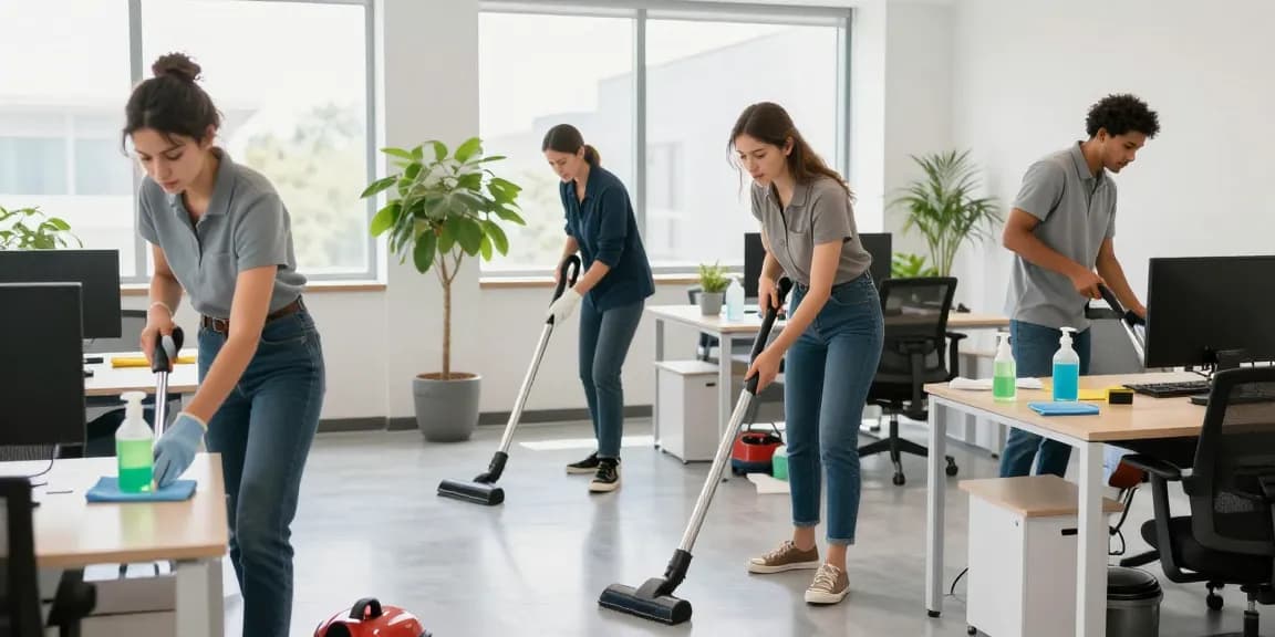 Efficient underhaltsreinigung bern in a professional office with a diverse cleaning team using eco-friendly supplies.