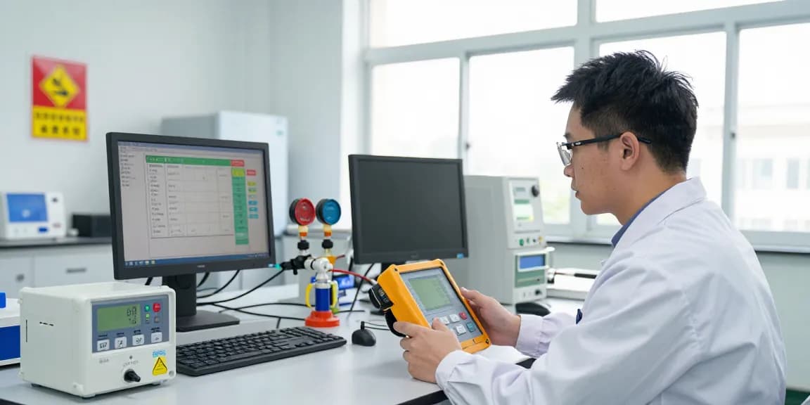 Techniker prüft Sauerstoffmangel Messgerät in einem modernen Labor.