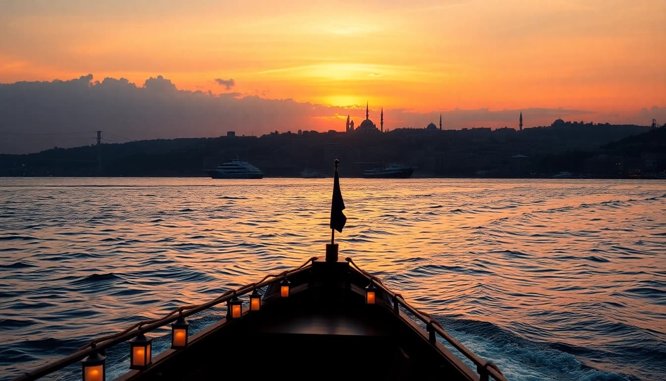 Bosphorus sunset cruise with a romantic boat against Istanbul's city skyline.
