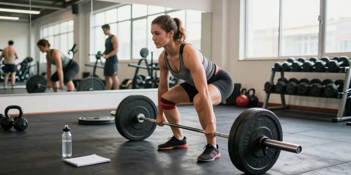 Selliza Shop - Athlet beim Deadlifting im modernen Fitnessstudio mit motivierender Atmosphäre.