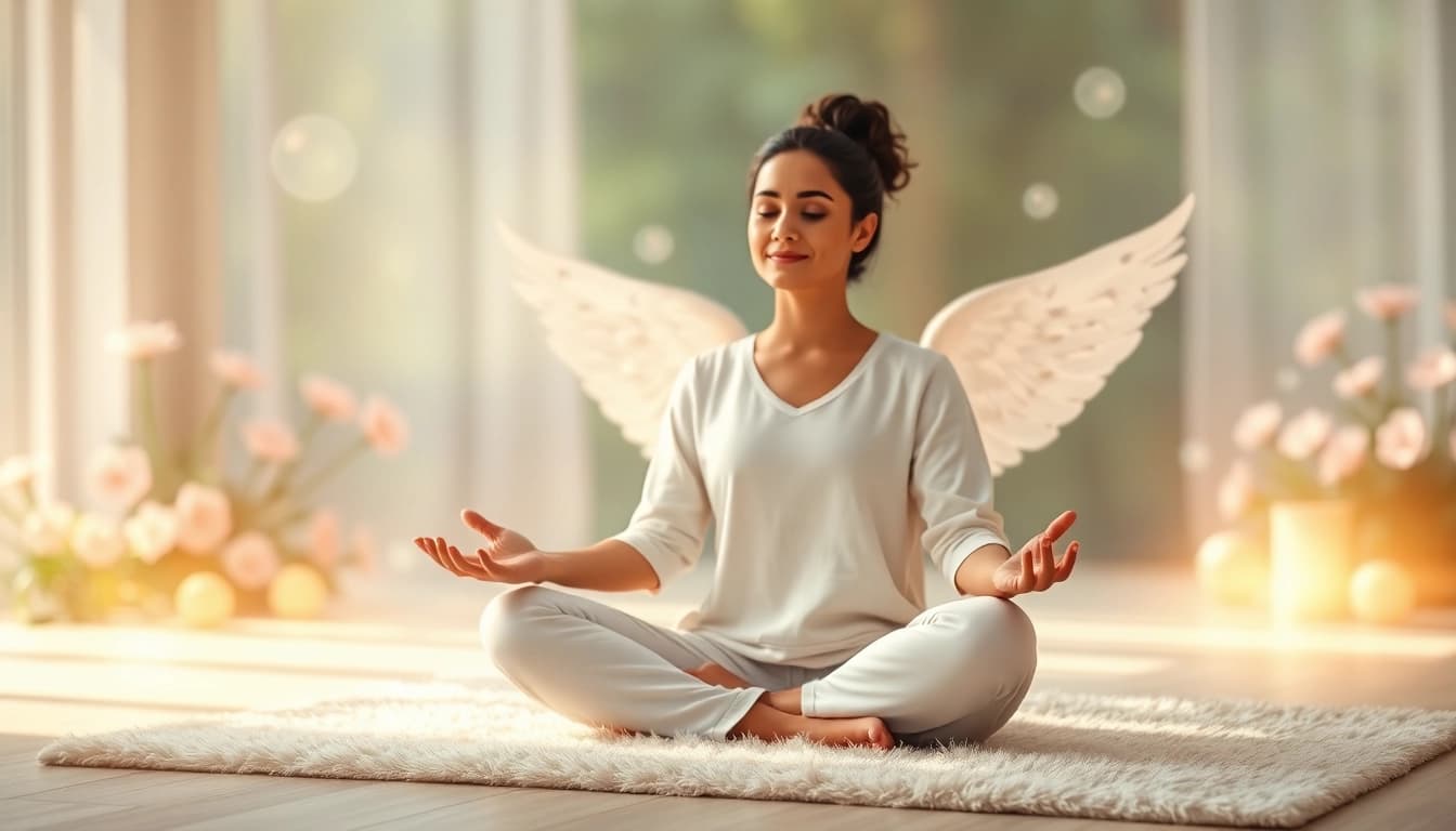 Erlebe das engelarbeit lernen durch eine meditative Darstellung in einer friedlichen Umgebung.
