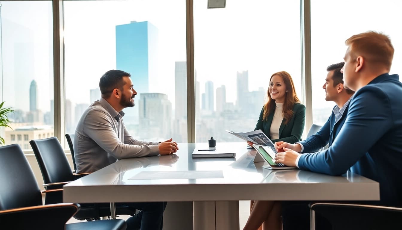 Immobilienmakler Frankfurt Sachsenhausen diskutiert Immobilienoptionen mit Kunden in einem modernen Büro.