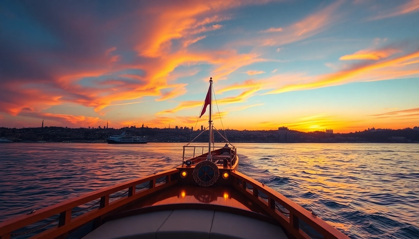 Bosphorus sunset cruise on a luxurious boat amidst a vibrant Istanbul skyline.