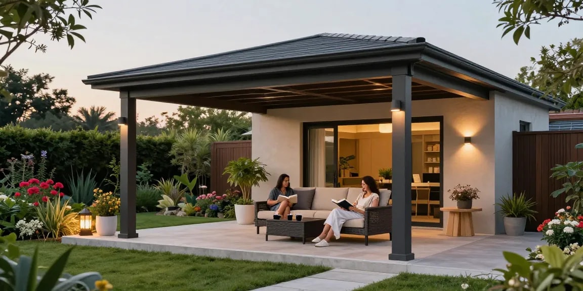 Terrassenüberdachung freistehend in einem stilvollen Garten mit entspannten Personen und einer gemütlichen Atmosphäre.