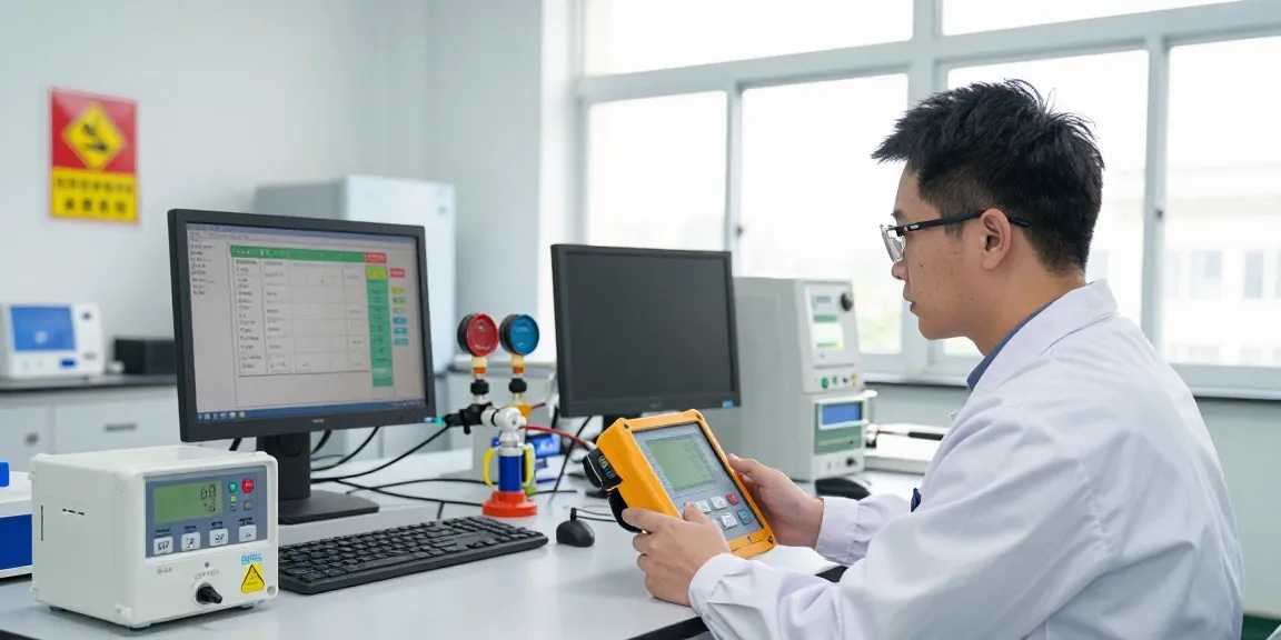 Techniker prüft Sauerstoffmangel Messgerät in einem modernen Labor.