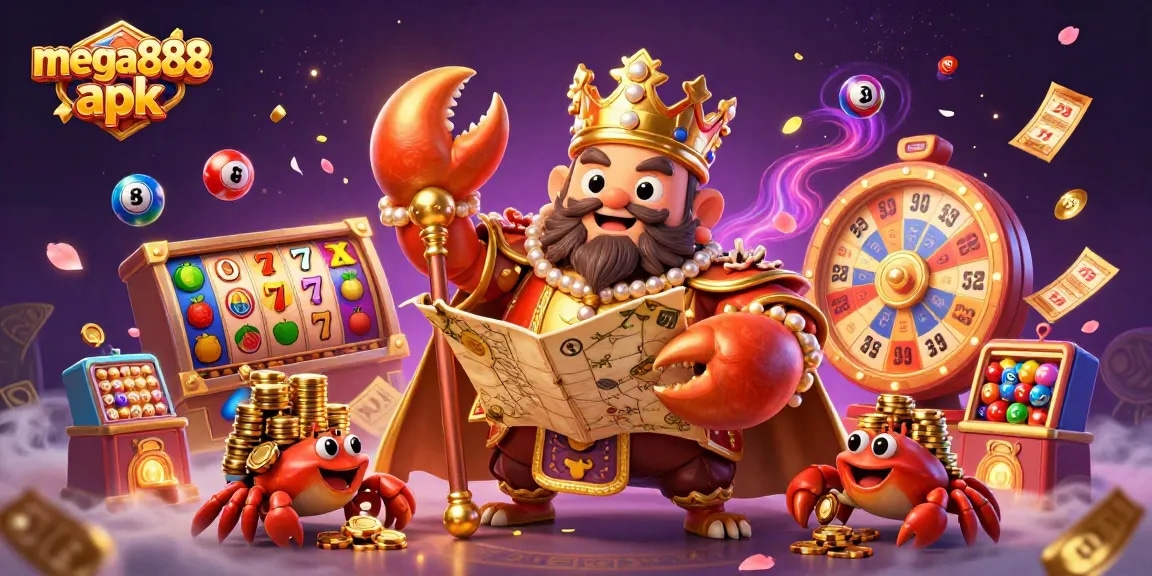 Engage in thrilling gameplay with the mega888 apk featuring a golden crab emperor and vibrant gaming elements.