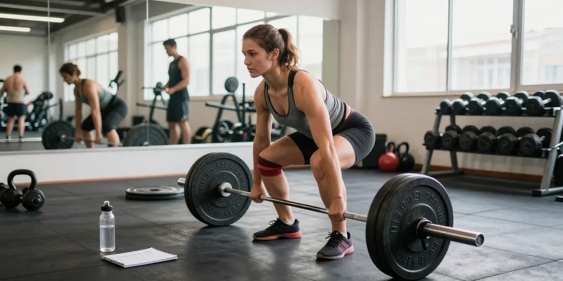 Selliza Shop - Athlet beim Deadlifting im modernen Fitnessstudio mit motivierender Atmosphäre.