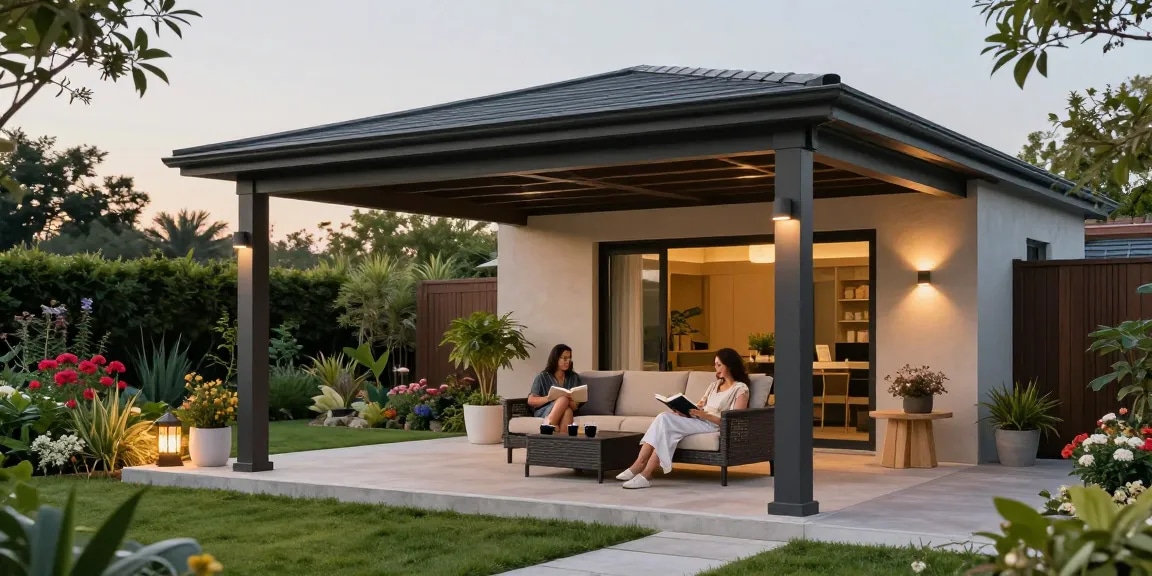 Terrassenüberdachung freistehend in einem stilvollen Garten mit entspannten Personen und einer gemütlichen Atmosphäre.