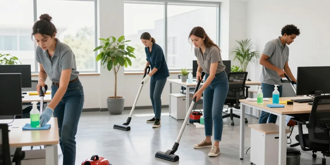 Efficient underhaltsreinigung bern in a professional office with a diverse cleaning team using eco-friendly supplies.