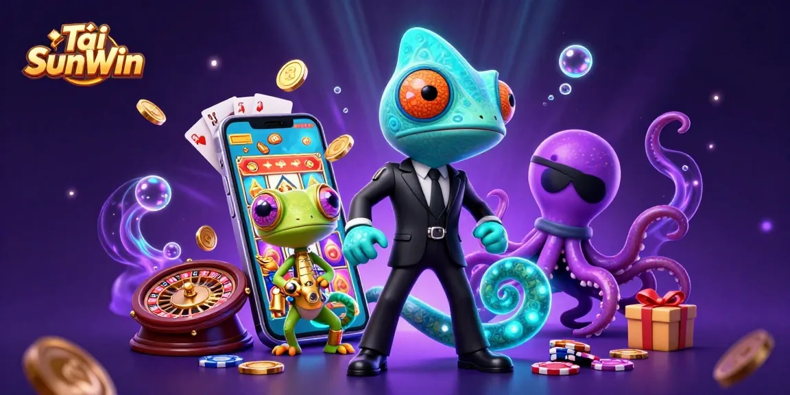 Tải SunWin brings vibrant slot gaming to life with a colorful 3D casino illustration.