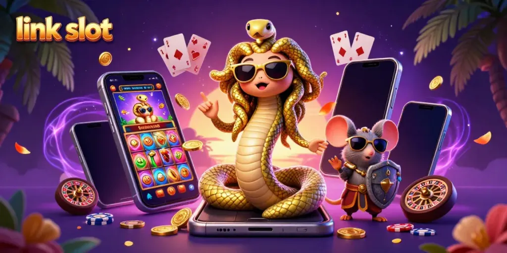 Experience winning thrills with link slot in this vibrant 3D casino adventure scene.