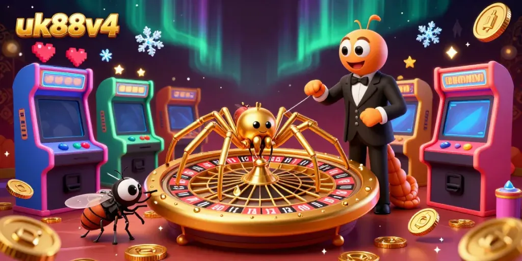 Experience thrilling bets at uk88v4 with a golden spider spinning a roulette wheel web in an engaging online casino scene.