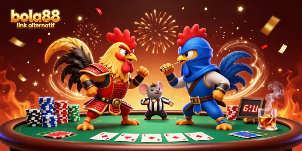 Engage in thrilling action with bola88 link alternatif featuring dynamic roosters and an exciting poker scene.