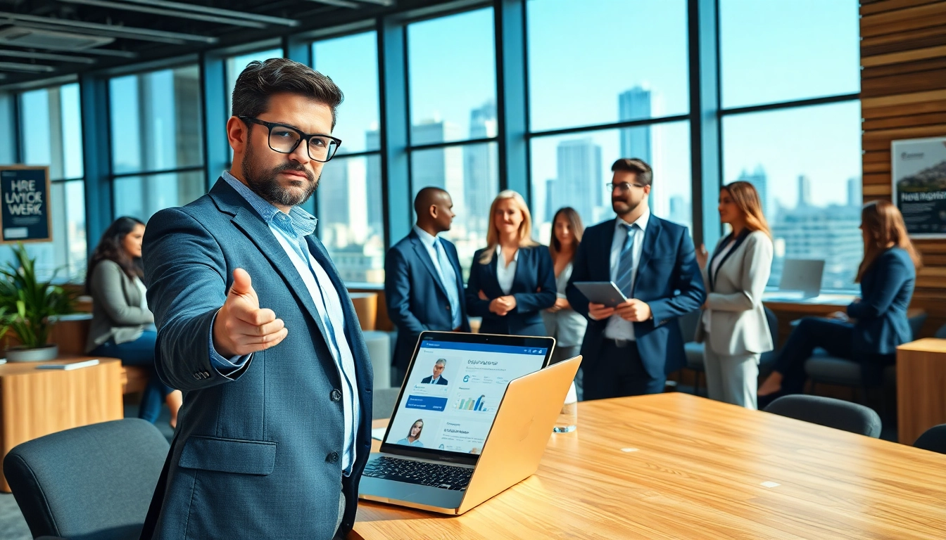 Headhunter Schweiz berät Klienten in einem modernen Büro, mit einem Laptop und Stadtblick im Hintergrund.