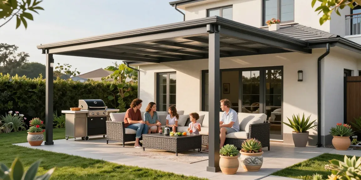 Schöne Terrassenüberdachungen auf einer modernen Terrasse mit Gartenmöbeln und Pflanzen.