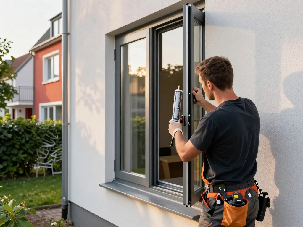 Installateur demonstriert Fensterbau Düsseldorf mit energieeffizienten Fenstern in städtischer Umgebung.