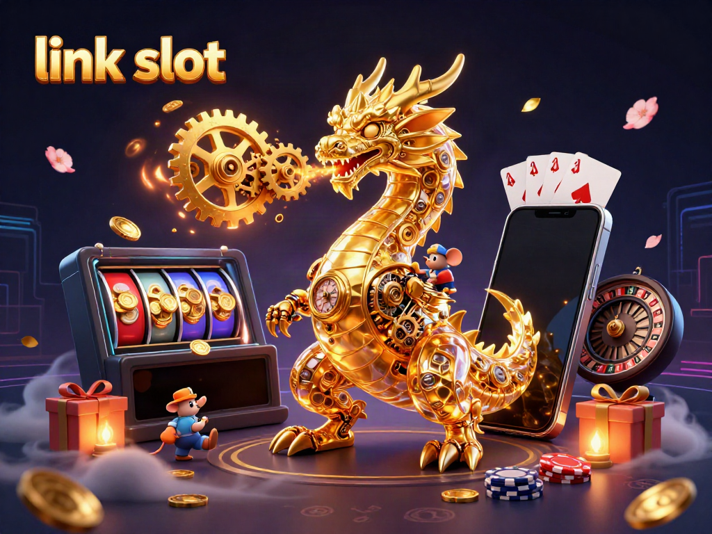 Experience thrilling gaming action with link slot, featuring a golden dragon and colorful slot game elements.