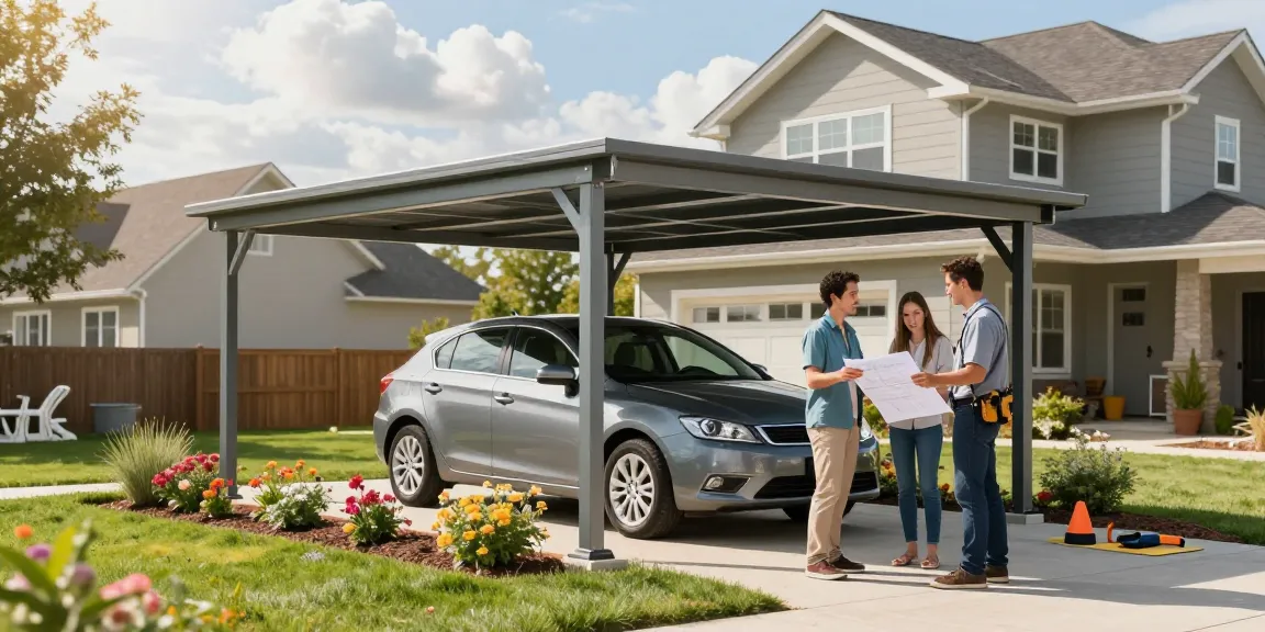 Eleganter Carport mit einem Auto geschützt, umgeben von einem gepflegten Garten und einem Haus, das Sicherheit und Stil ausstrahlt.