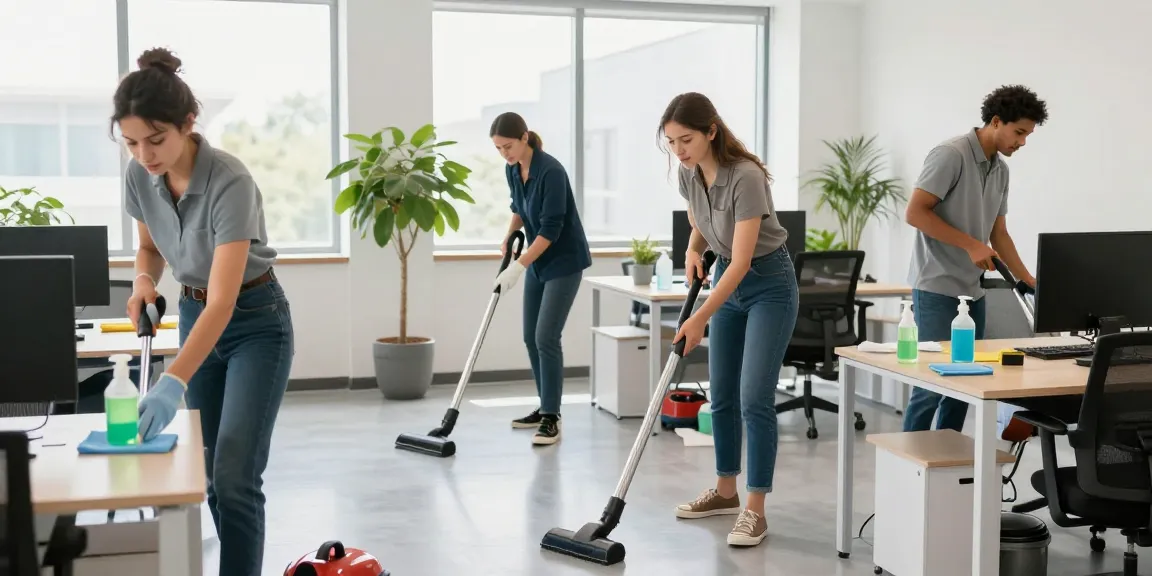Efficient underhaltsreinigung bern in a professional office with a diverse cleaning team using eco-friendly supplies.