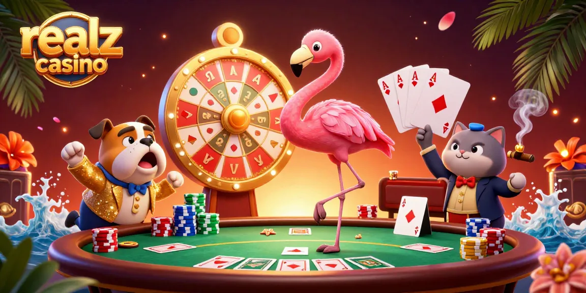 Experience excitement at realz casino with animated characters playing poker and winning prizes.