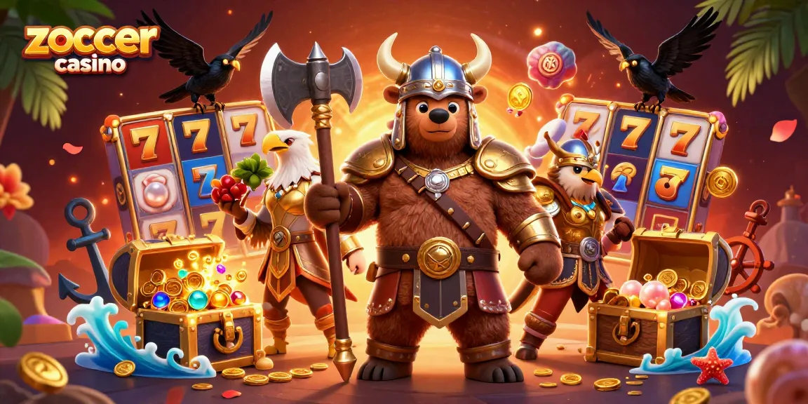 Zoccer casino invites players to explore dynamic slot games with a vibrant Viking-themed illustration.