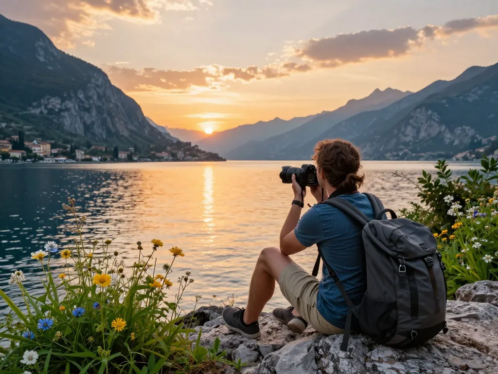 Gardasee Reisetipps - Reisender am Gardasee beim Sonnenuntergang, der malerische Schönheit und Abenteuer einfängt.