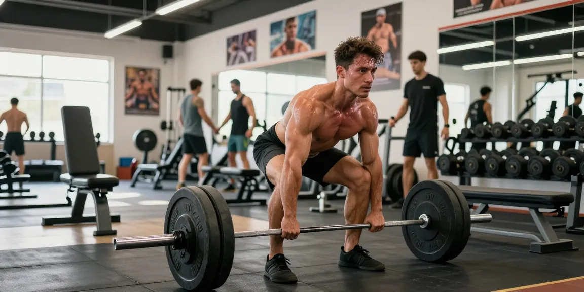 Aktiver Bodybuilder beim Training im Anabolika Shop, der Gewichte hebt.