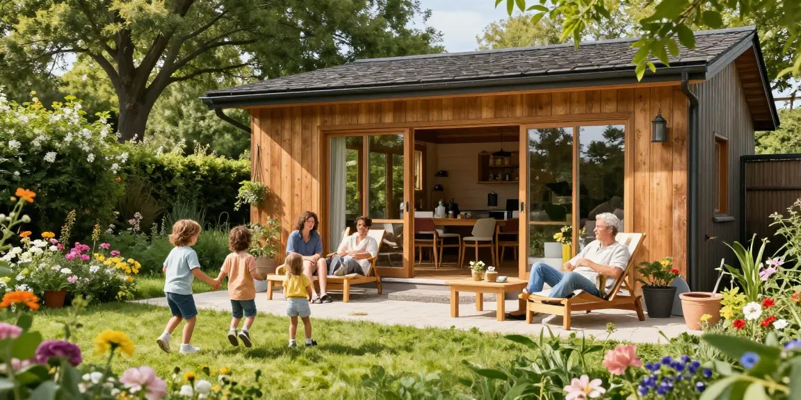 Gemütliches Gartenhaus umgeben von blühenden Pflanzen und einer spielenden Familie im Garten.