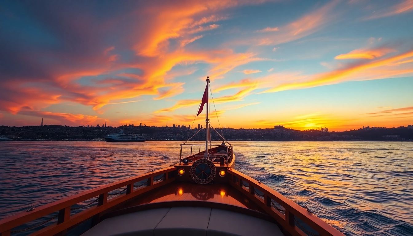 Bosphorus sunset cruise on a luxurious boat amidst a vibrant Istanbul skyline.