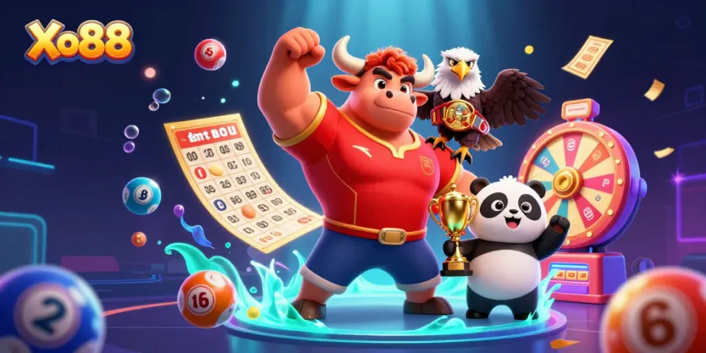 Xo88 delivers a vibrant jackpot experience with an animated bull, eagle, and panda celebrating wins.