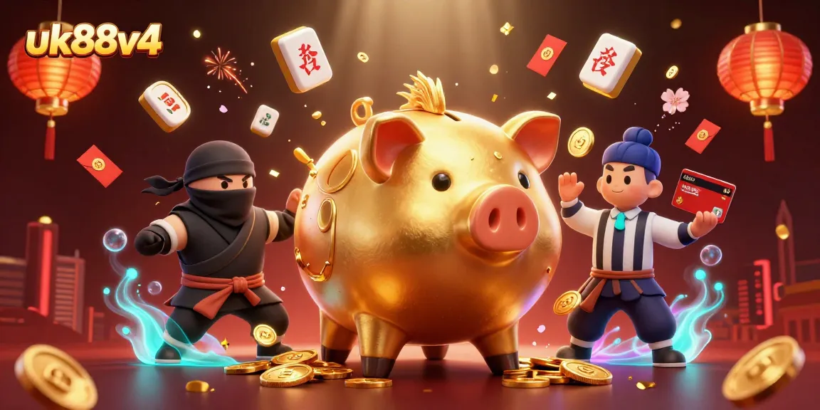 Experience the thrilling action of uk88v4's gaming world with a piggy bank sumo wrestler and dynamic elements.