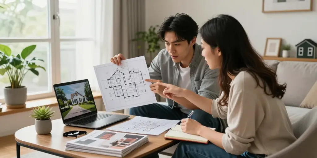 Junge Familie plant ihren Traum vom Eigenheim-Blog mit Immobilienanzeigen und modernen Einrichtungen.