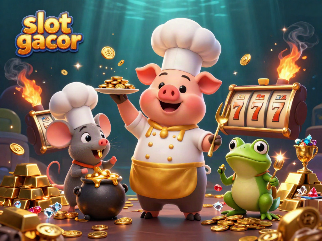 Experience the thrill of slot gacor with a cartoon chef pig serving gold coins in an exciting casino scene.
