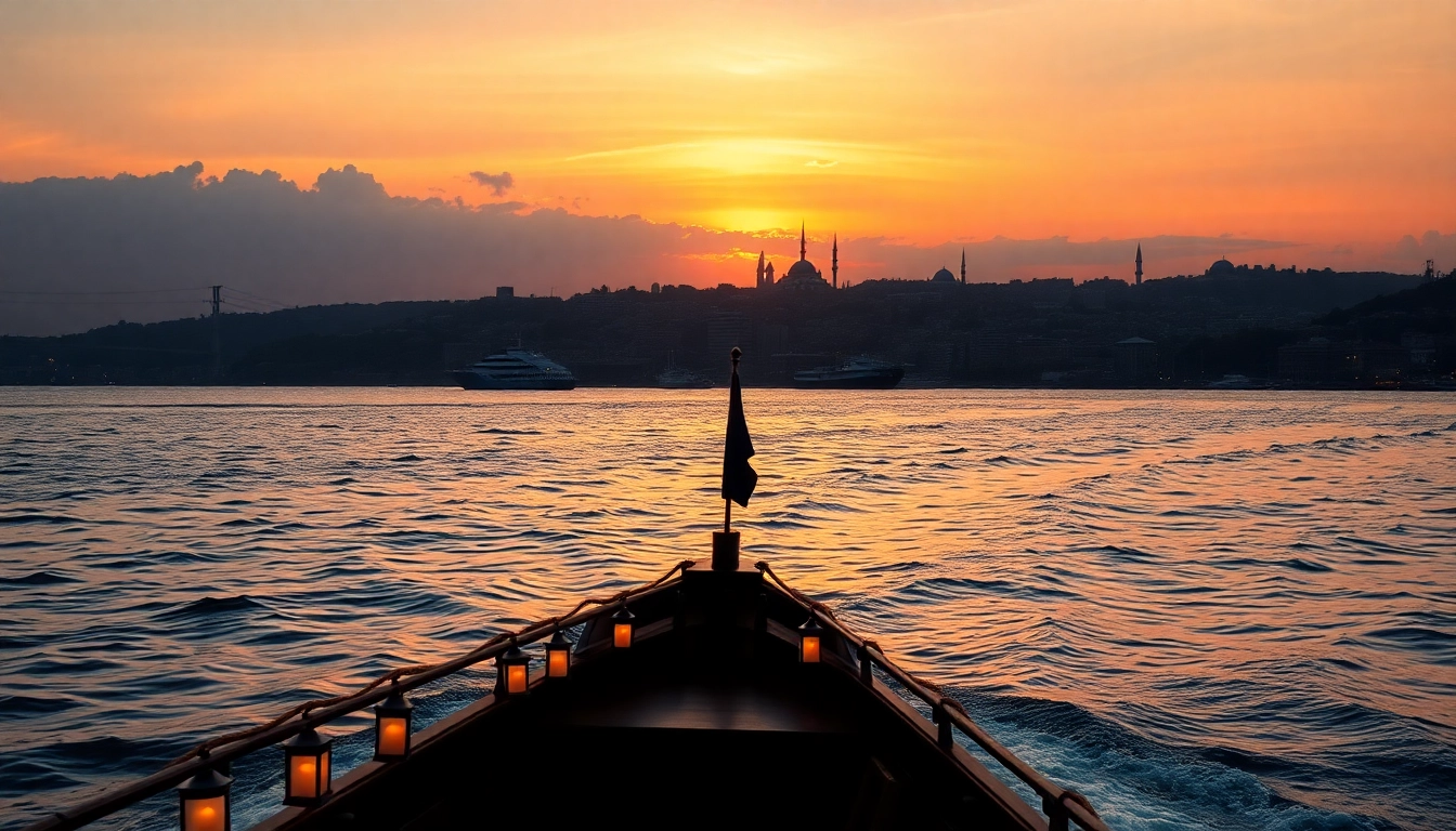 Bosphorus sunset cruise with a romantic boat against Istanbul's city skyline.