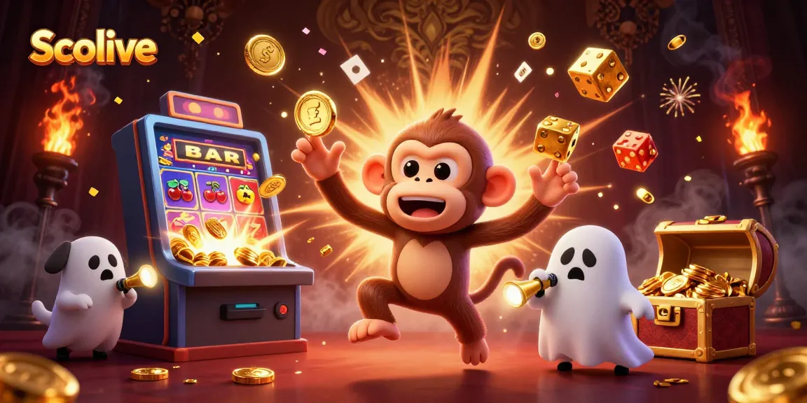 Socolive showcases thrilling casino excitement with a playful monkey juggling gold, enticing players in a vibrant online gaming environment.