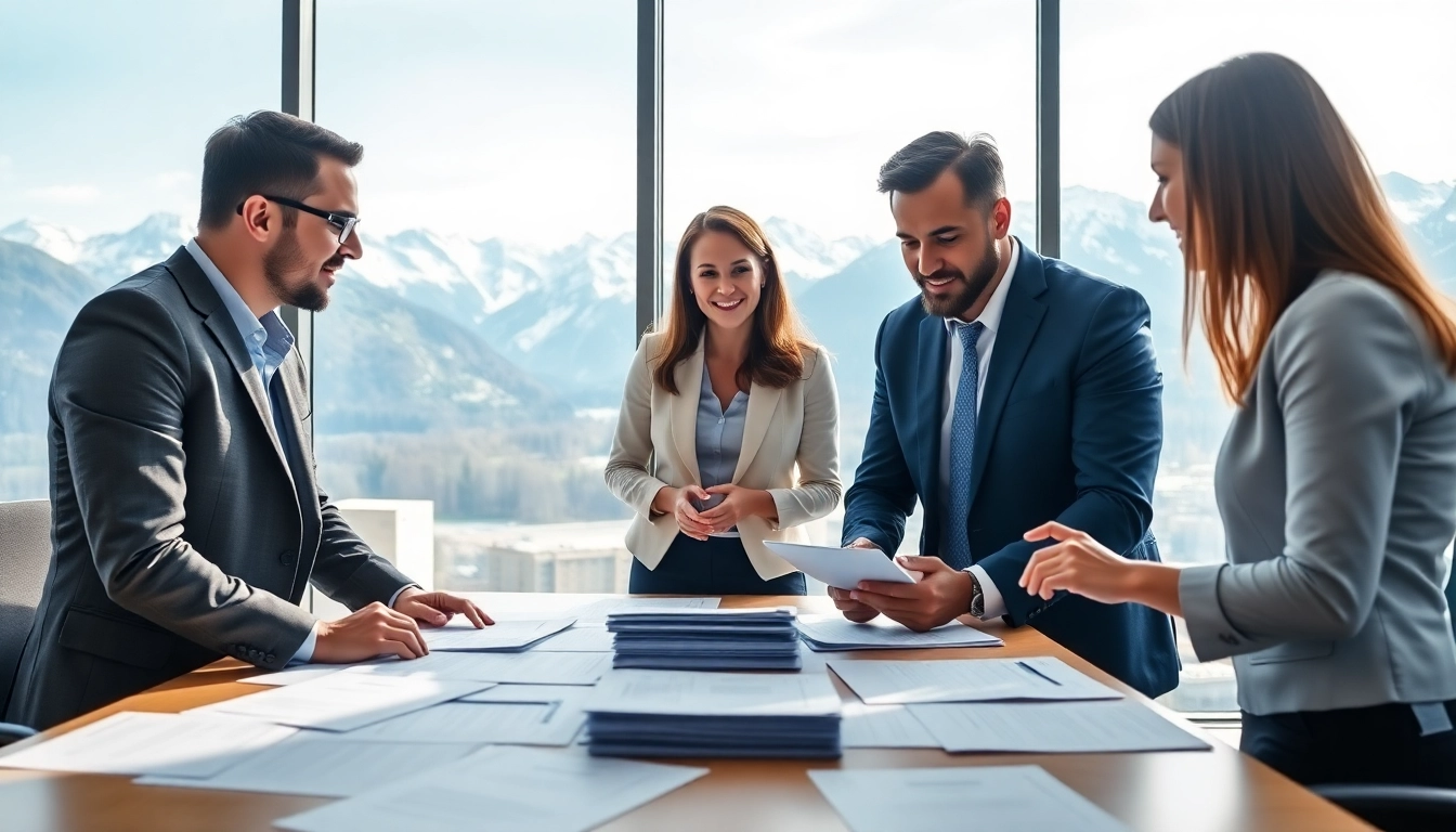 Headhunter Schweiz bei der Arbeit mit Klienten in einem modernen Büro mit Blick auf die Alpen.