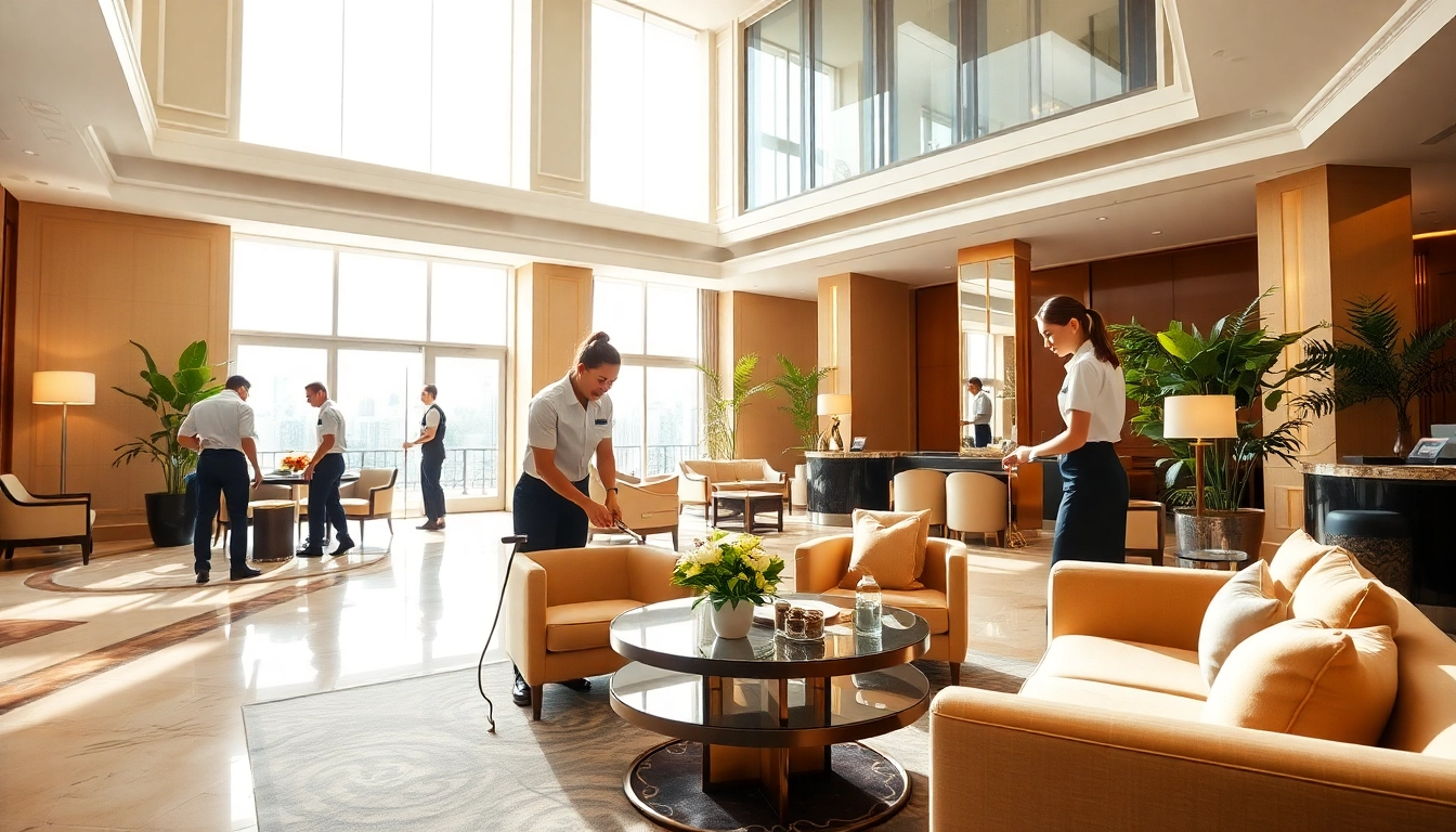 Effiziente hotelreinigung berlin in einem eleganten Hotellobby mit geschultem Personal.