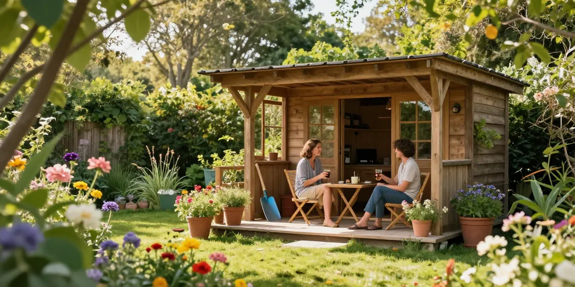 Gartenhäuser aus Holz im blühenden Garten mit Paar auf der Terrasse.