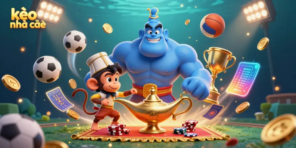 Engage with kèo nhà cái sports betting scene featuring a genie, monkey, and flying poker carpet.