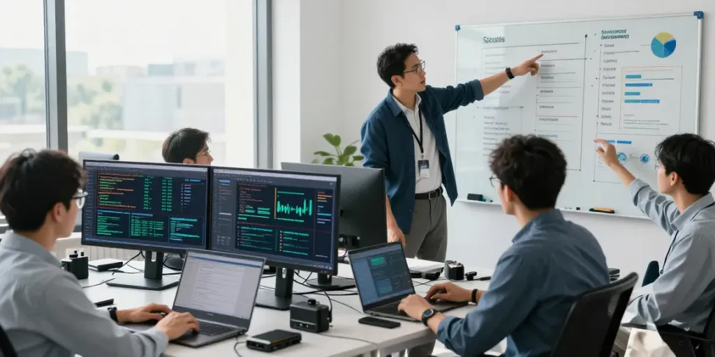 IT Security Dienstleister im modernen Büro mit Experten, die Sicherheitsdaten analysieren und Strategien entwickeln.