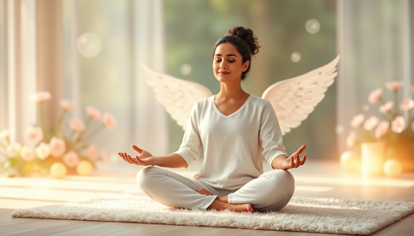 Erlebe das engelarbeit lernen durch eine meditative Darstellung in einer friedlichen Umgebung.