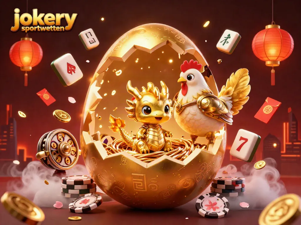 Engage in the excitement of jokery sportwetten with a vibrant 3D scene featuring golden dragons and festive elements.