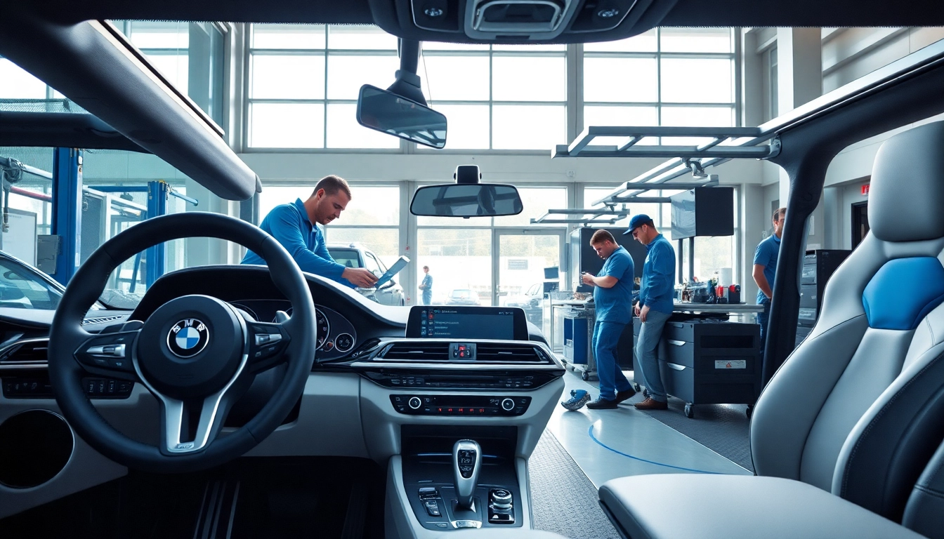 BMW Nachrüstung installation in a modern workshop with expert technicians working.