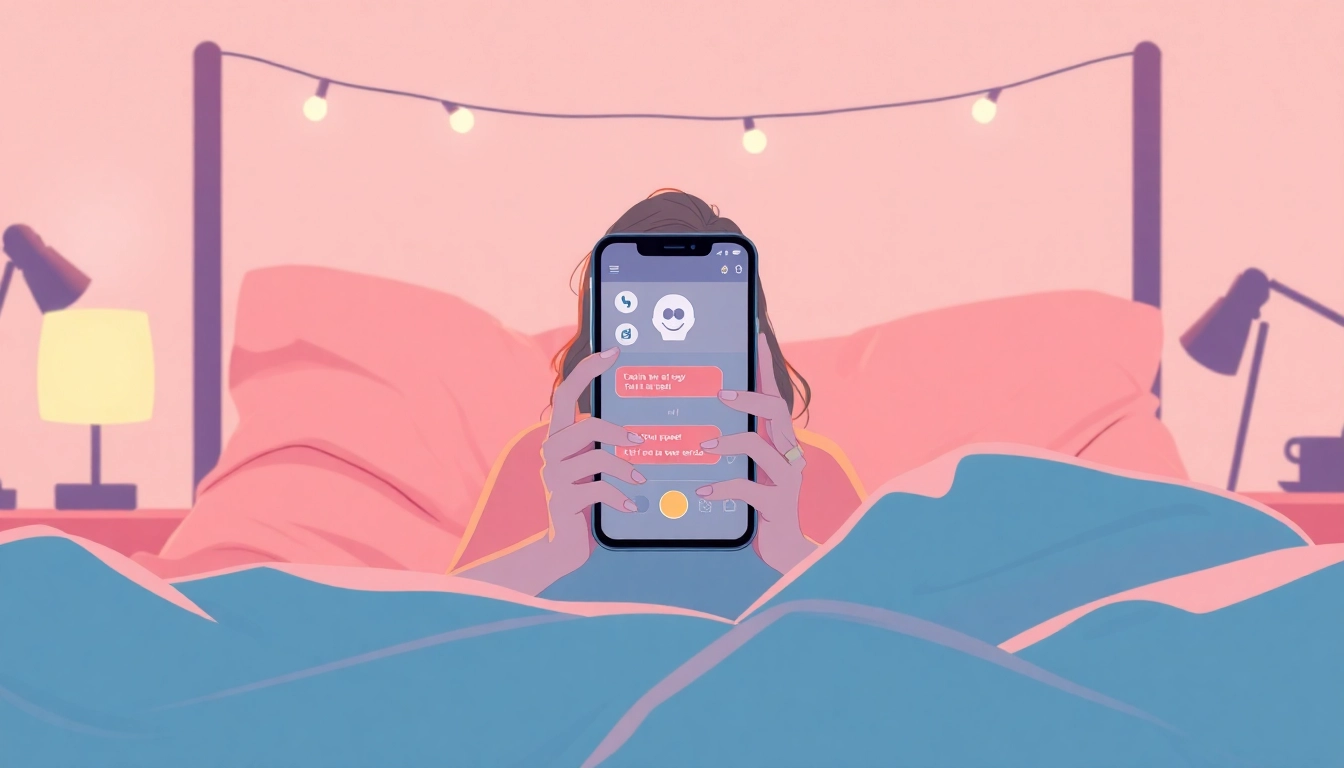 Woman engaging in ai sexting with a chatbot in a cozy bedroom