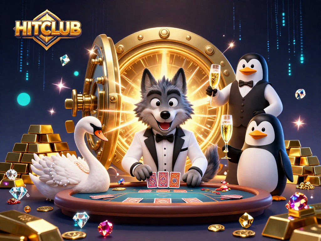 Experience HITCLUB's vibrant gaming scene with cartoon wolf and elegant swan at a baccarat table.