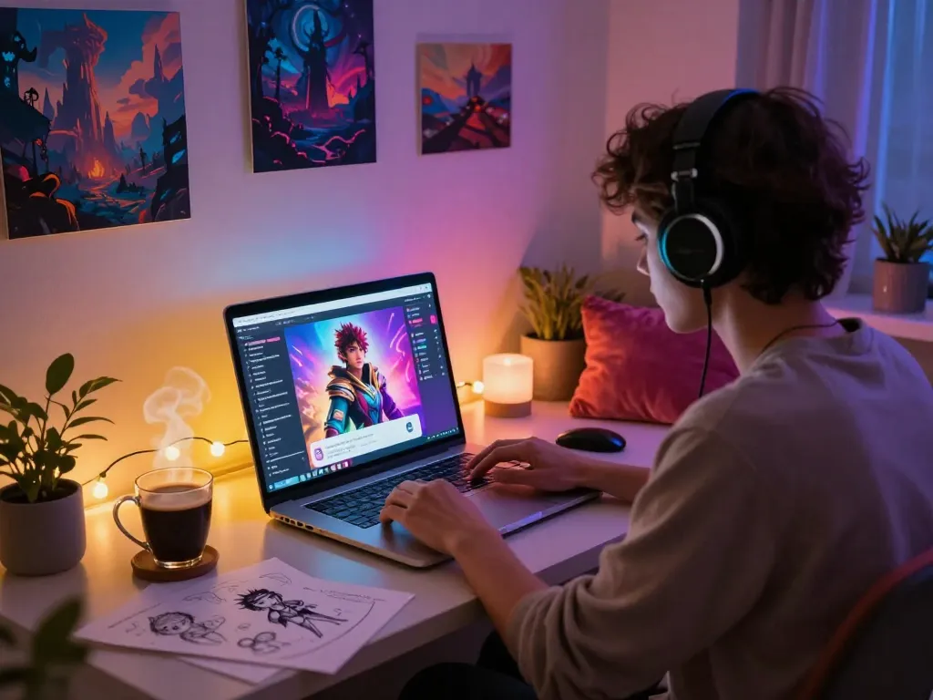 Interactive character ai nsfw chat setup in a vibrant, cozy workspace.