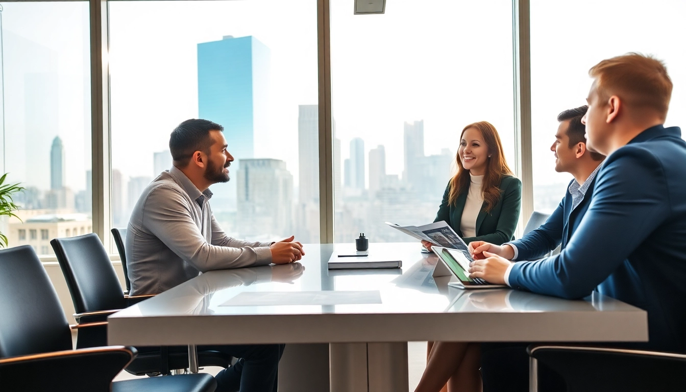 Immobilienmakler Frankfurt Sachsenhausen diskutiert Immobilienoptionen mit Kunden in einem modernen Büro.