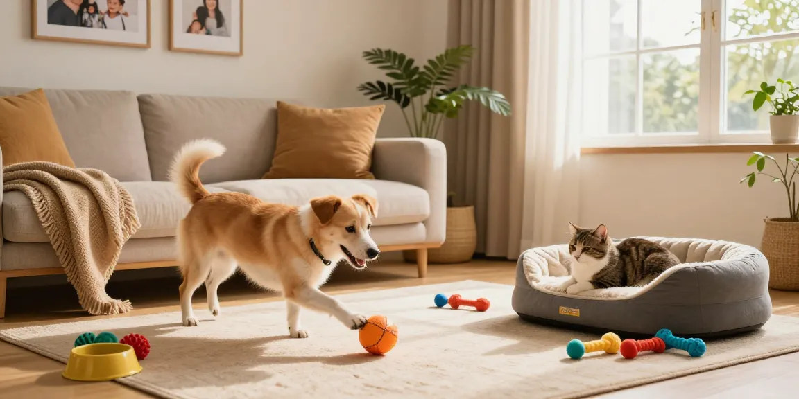Interaktive Zubehör für Haustiere im gemütlichen Wohnzimmer mit Hund und Katze.